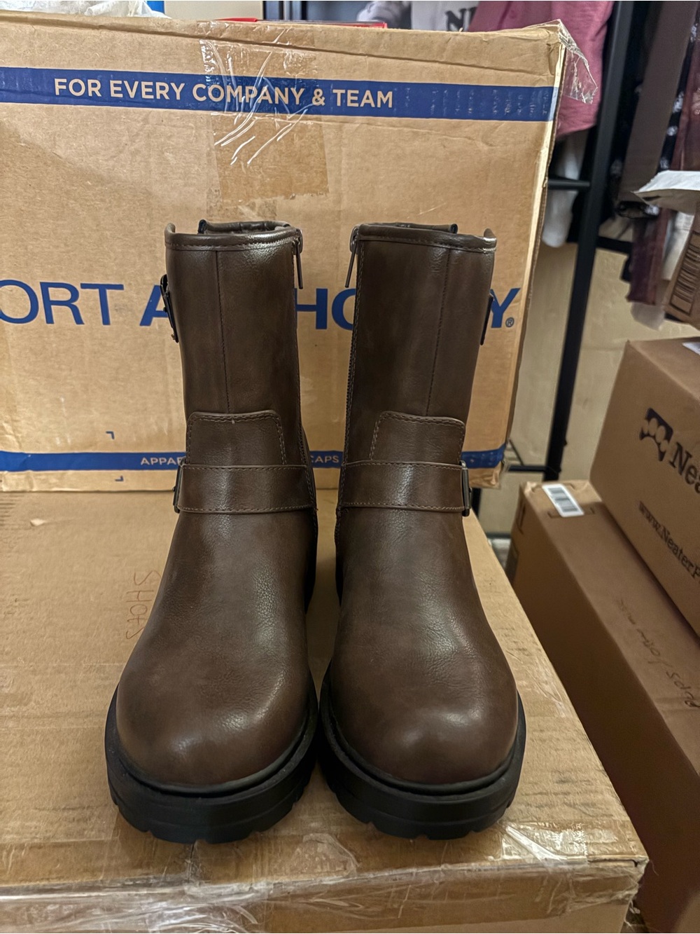 Brown Leather Mid-Calf Lug Sole Boots